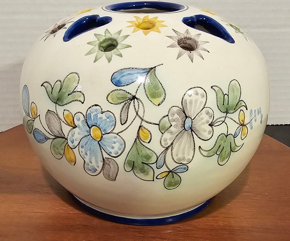 Round French Faience Flower Stand Vase A. Montagnon Blue Yellow Heart Star